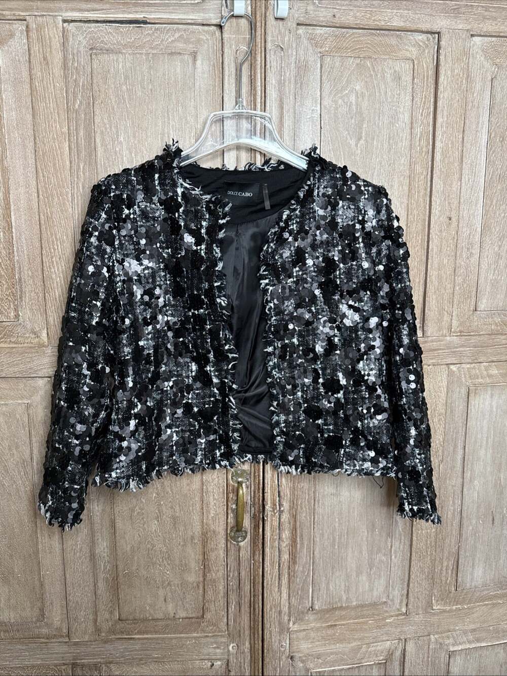 Dolce Cabo Black Sequin Blazer Jacket Women’s Large Deep V Glam Party Evening